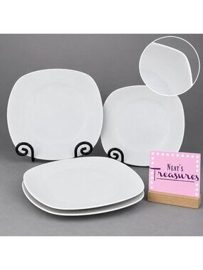 Metro Home Everyday Essentials WHITE Soft Square Porcelain Dinner Plates Set 4